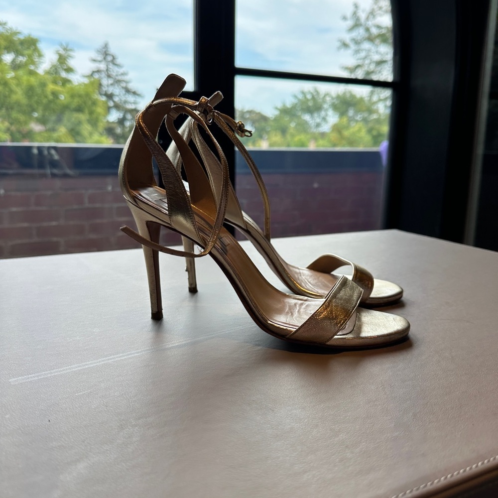 Pura Lopez Metallic Gold Heeled Sandals - super chic and comfortable for evening